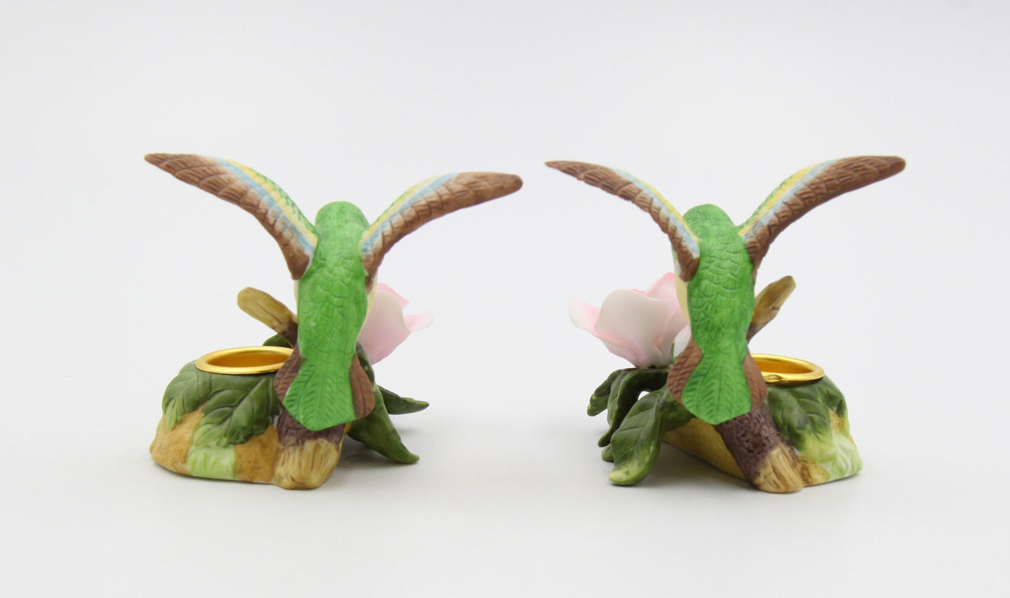 Ceramic Hummingbird with Pink Rose Flower Candle Holder (Set of 2) Birdwatcher Gift Home Decor Gift for Her Gift