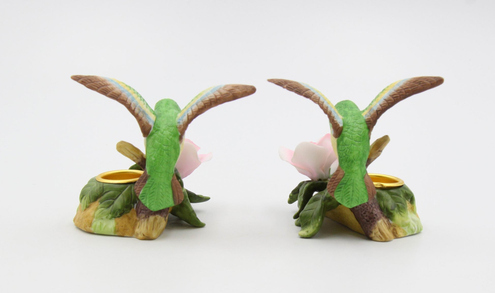 Ceramic Hummingbird with Pink Rose Flower Candle Holder (Set of 2) Birdwatcher Gift Home Decor Gift for Her Gift