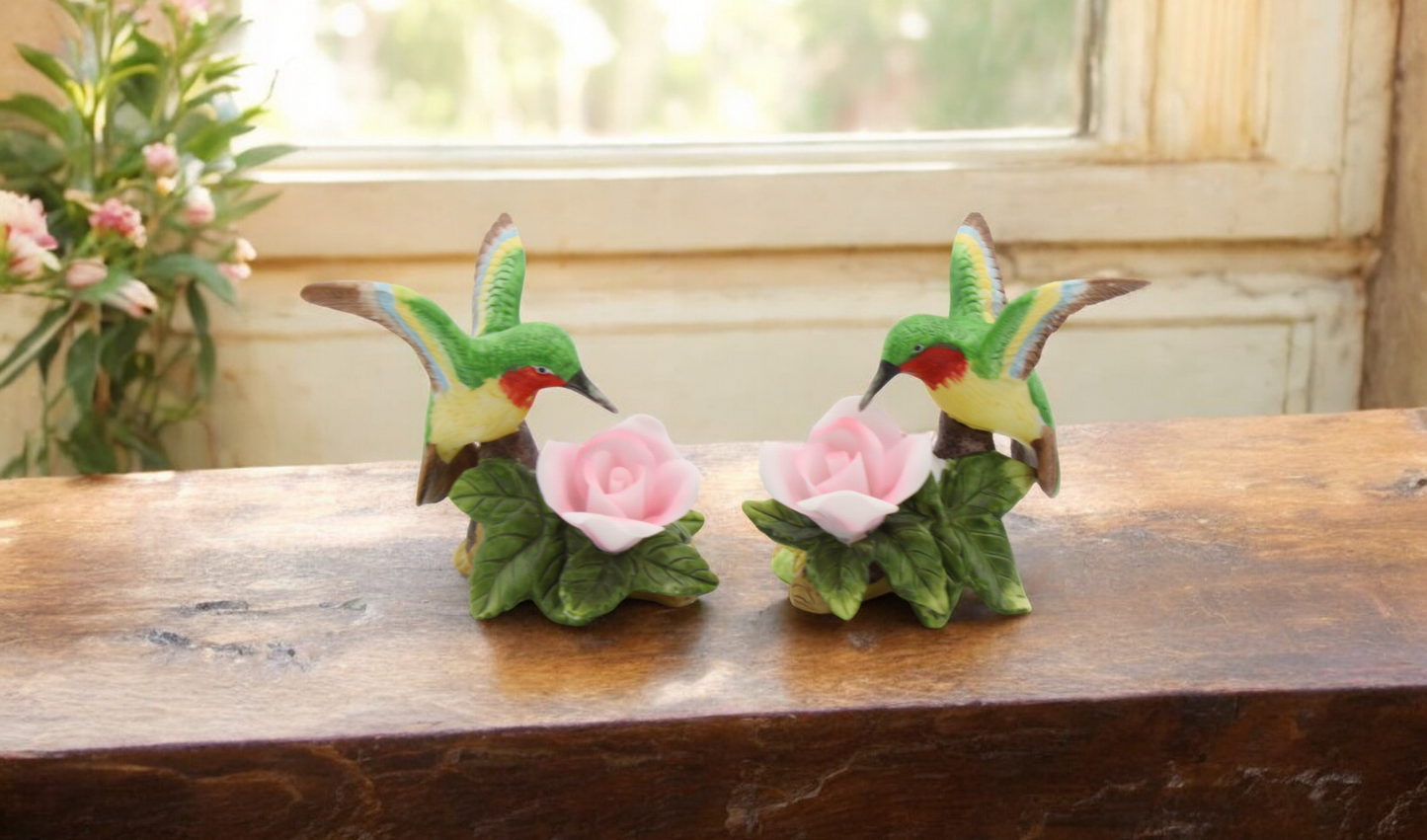 Ceramic Hummingbird with Pink Rose Flower Candle Holder (Set of 2) Birdwatcher Gift Home Decor Gift for Her Gift
