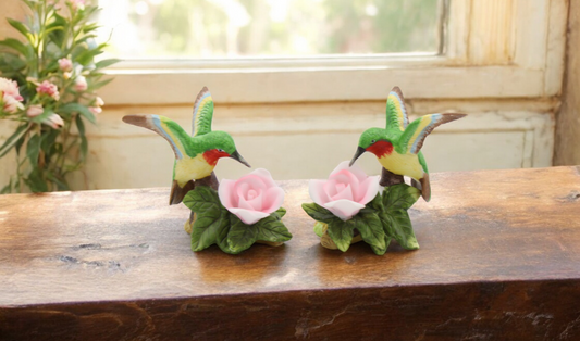 Ceramic Hummingbird with Pink Rose Flower Candle Holder (Set of 2) Birdwatcher Gift Home Decor Gift for Her Gift
