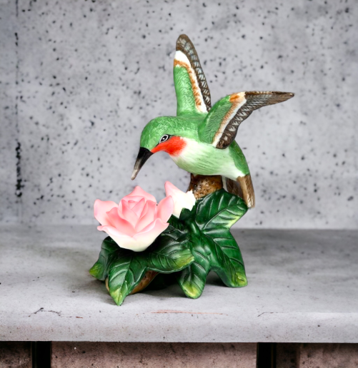 Ceramic Hummingbird With Pink Rose Flower Figurine Home Décor Gift for Her Gift for Mom Kitchen Décor Birdwatcher Gift