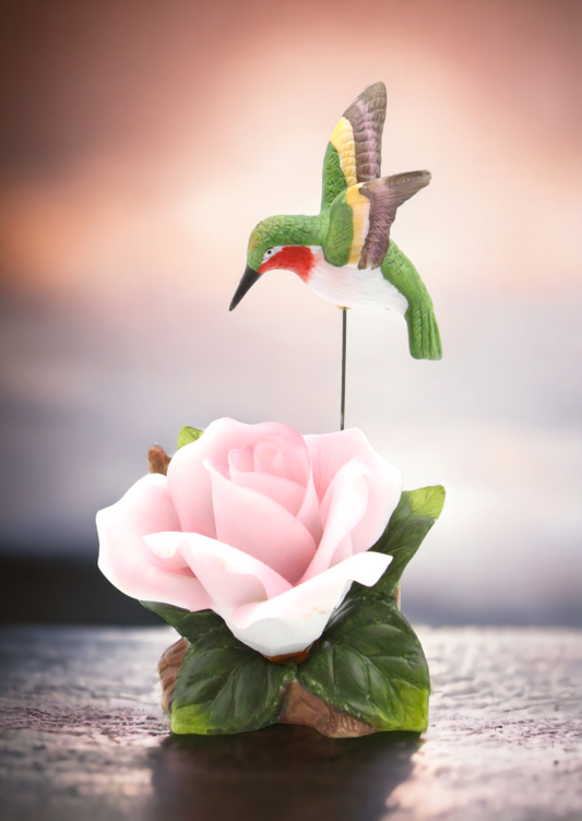 Ceramic Hummingbird with Pink Rose Flower Figurine Home Décor Gift for Her Gift for Mom Kitchen Décor Birdwatcher Gift