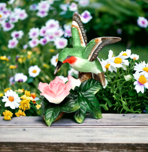 Ceramic Hummingbird With Pink Rose Flower Figurine Home Décor Gift for Her Gift for Mom Kitchen Décor Birdwatcher Gift