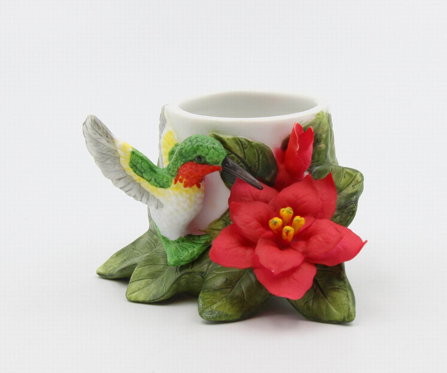 Ceramic Hummingbird with Poinsettia Flower Candle Holder Home Décor Gift for Her Mom Kitchen Décor Birdwatcher Gift