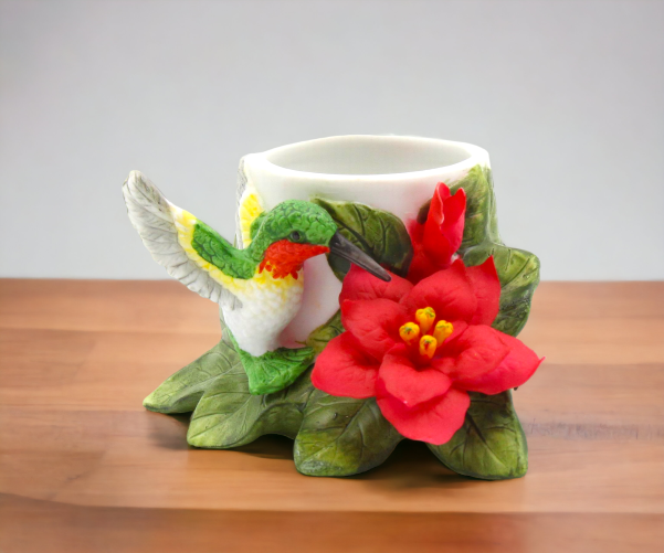 Ceramic Hummingbird with Poinsettia Flower Candle Holder Home Décor Gift for Her Mom Kitchen Décor Birdwatcher Gift