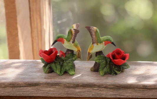 Ceramic Hummingbird with Red Rose Flower Candle Holder (Set of 2) Home Decor Birdwatcher Gift Gift for Her Gift for Mom