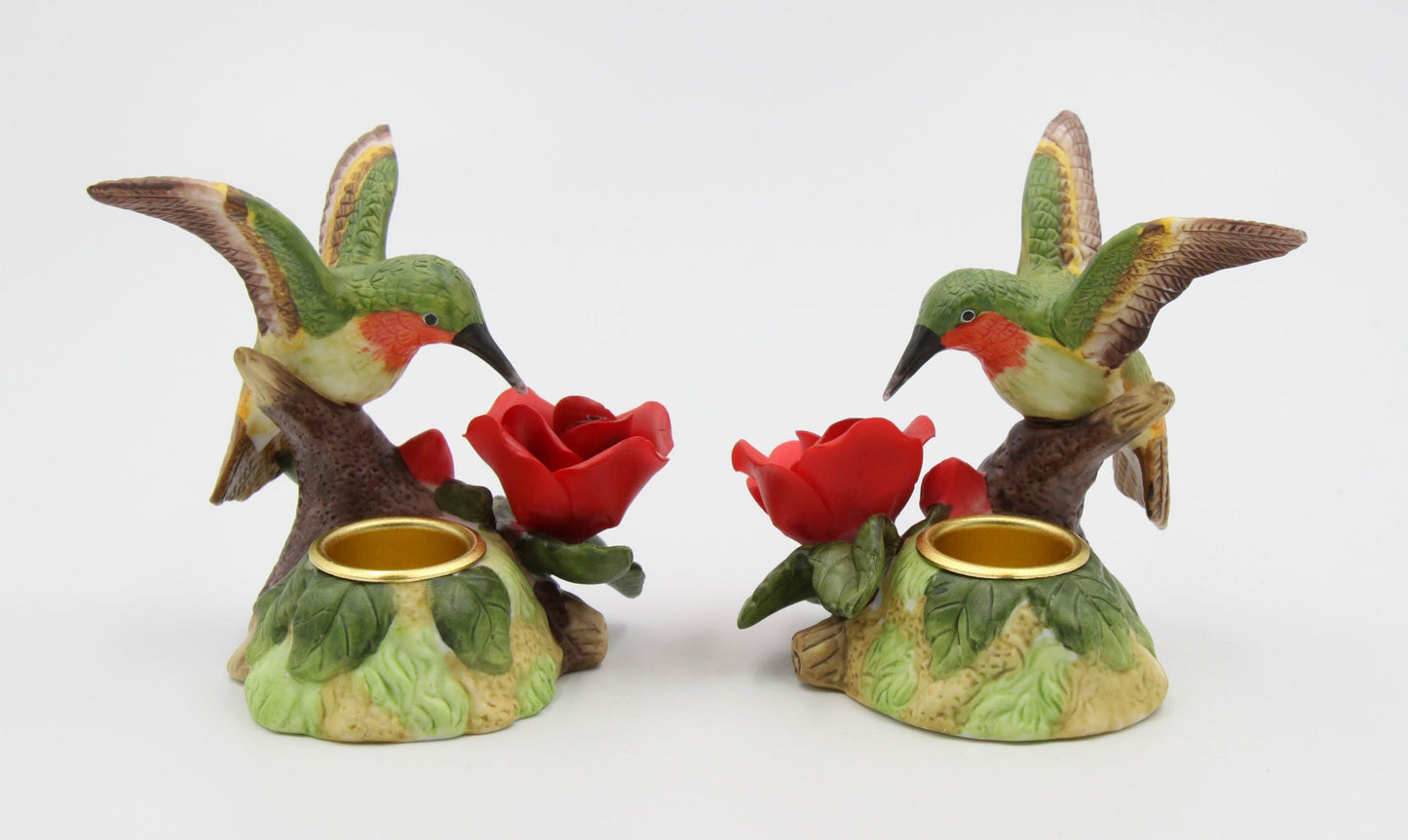 Ceramic Hummingbird with Red Rose Flower Candle Holder (Set of 2) Home Decor Birdwatcher Gift Gift for Her Gift for Mom