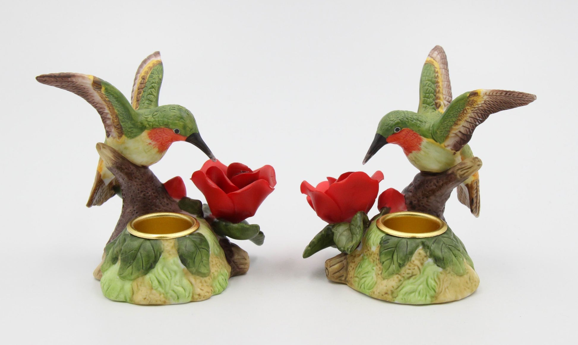 Ceramic Hummingbird with Red Rose Flower Candle Holder (Set of 2) Home Decor Birdwatcher Gift Gift for Her Gift for Mom