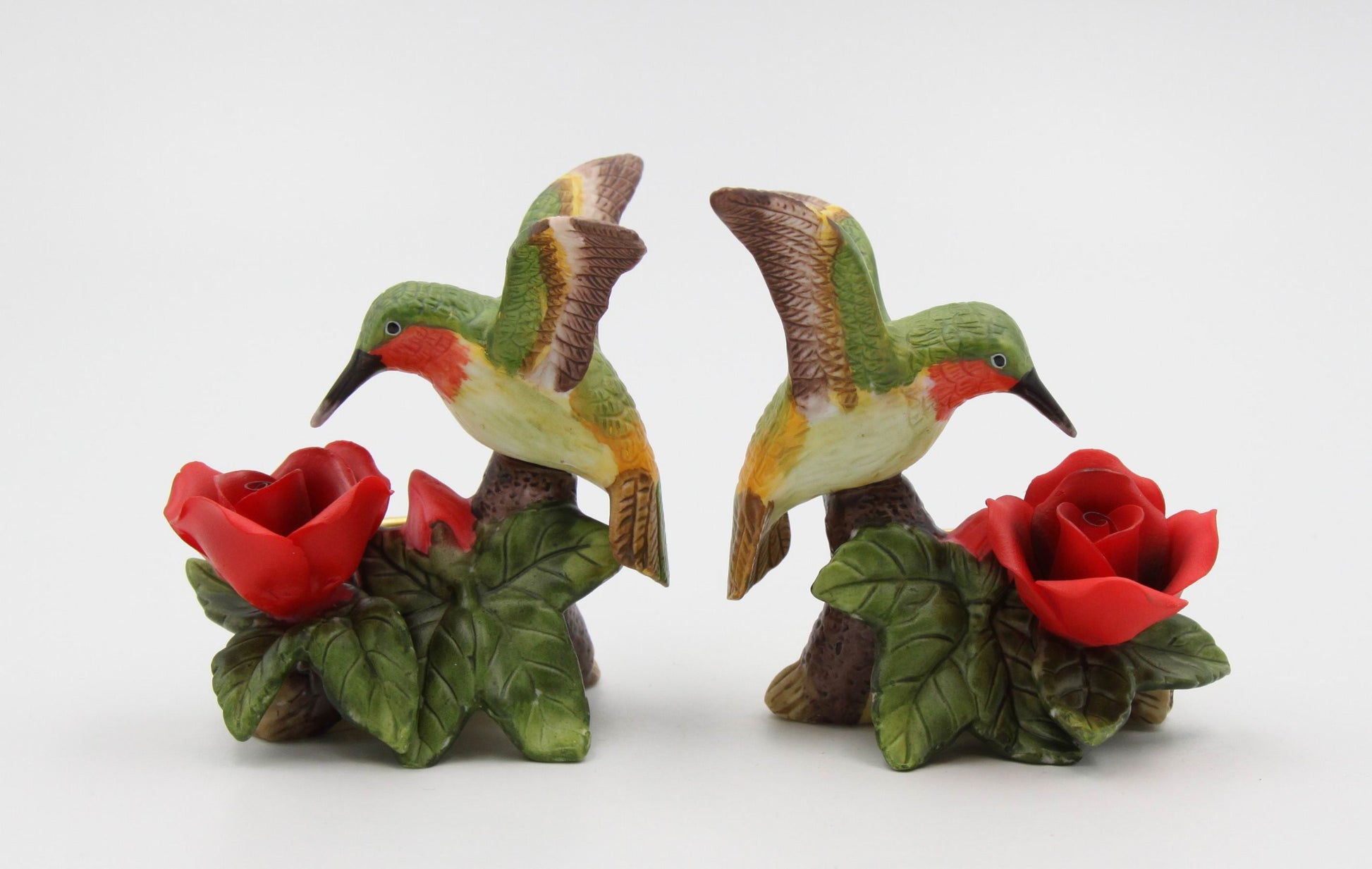 Ceramic Hummingbird with Red Rose Flower Candle Holder (Set of 2) Home Decor Birdwatcher Gift Gift for Her Gift for Mom