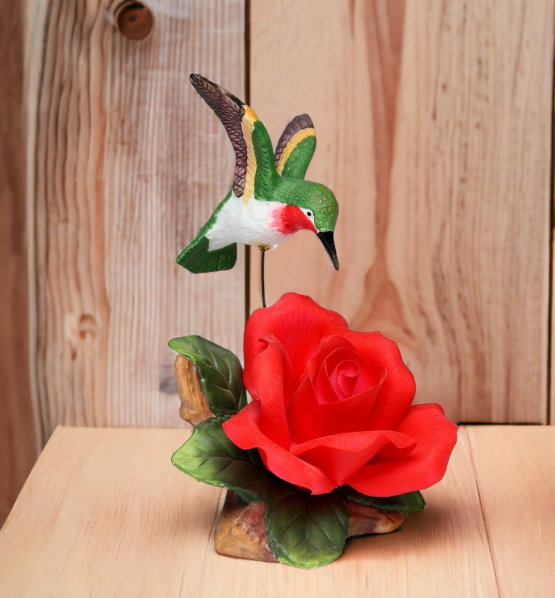 Ceramic Hummingbird with Red Rose Flower Figurine Home Décor Gift for Her Gift for Mom Kitchen Décor Birdwatcher Gift