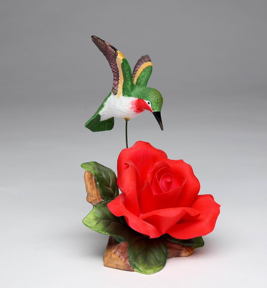 Ceramic Hummingbird with Red Rose Flower Figurine Home Décor Gift for Her Gift for Mom Kitchen Décor Birdwatcher Gift