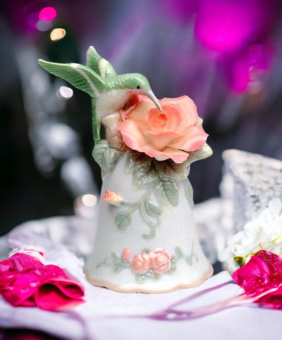 Ceramic Hummingbird With Rose Bell Home Décor Gift for Her Gift for Mom Birdwatcher Spring Décor - Hand Bells & Chimes