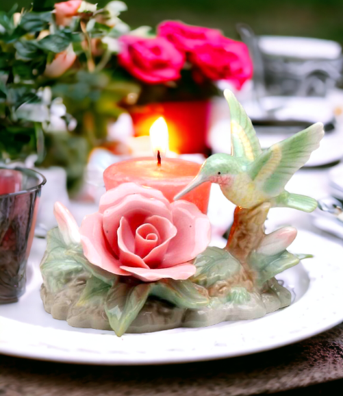 Ceramic Hummingbird with Rose Flower and Glass Cup Candle Holder Home Décor Gift for Her Gift for Mom Birdwatcher Gift