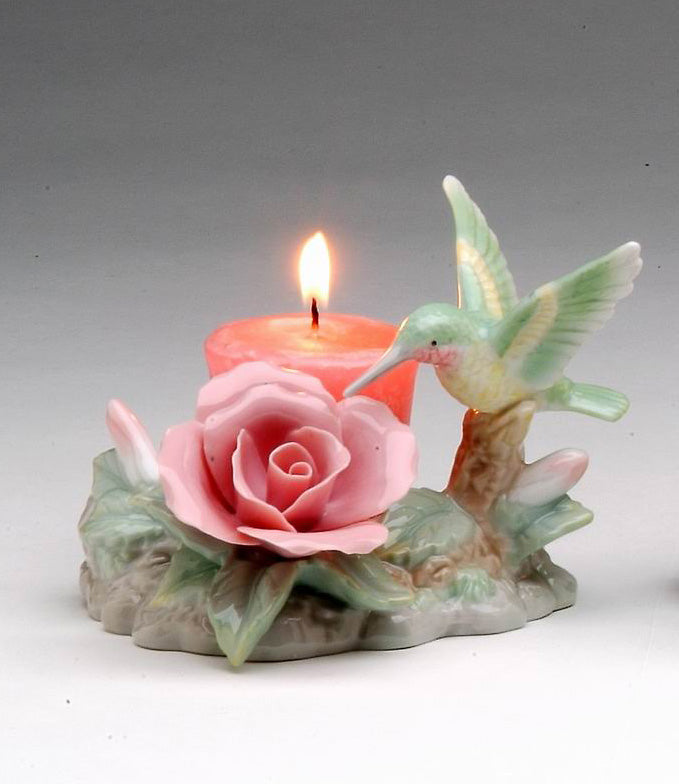 Ceramic Hummingbird with Rose Flower and Glass Cup Candle Holder Home Décor Gift for Her Gift for Mom Birdwatcher Gift