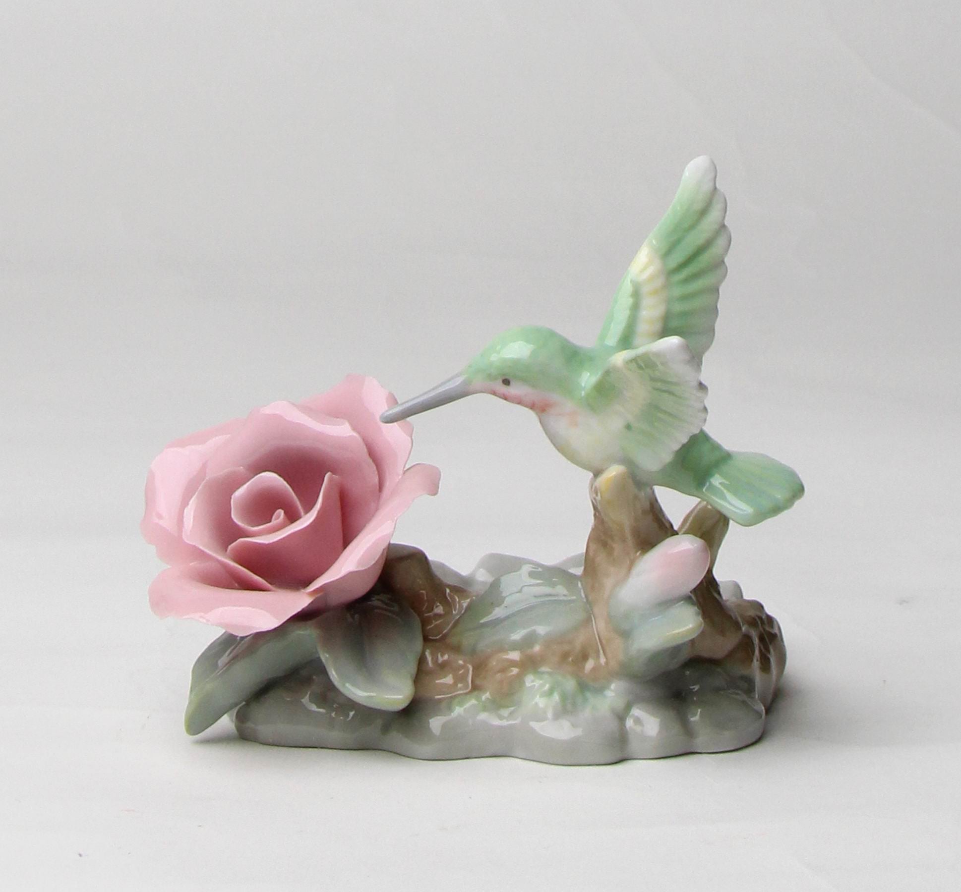 Ceramic Hummingbird with Rose Flower and Glass Cup Candle Holder Home Décor Gift for Her Gift for Mom Birdwatcher Gift
