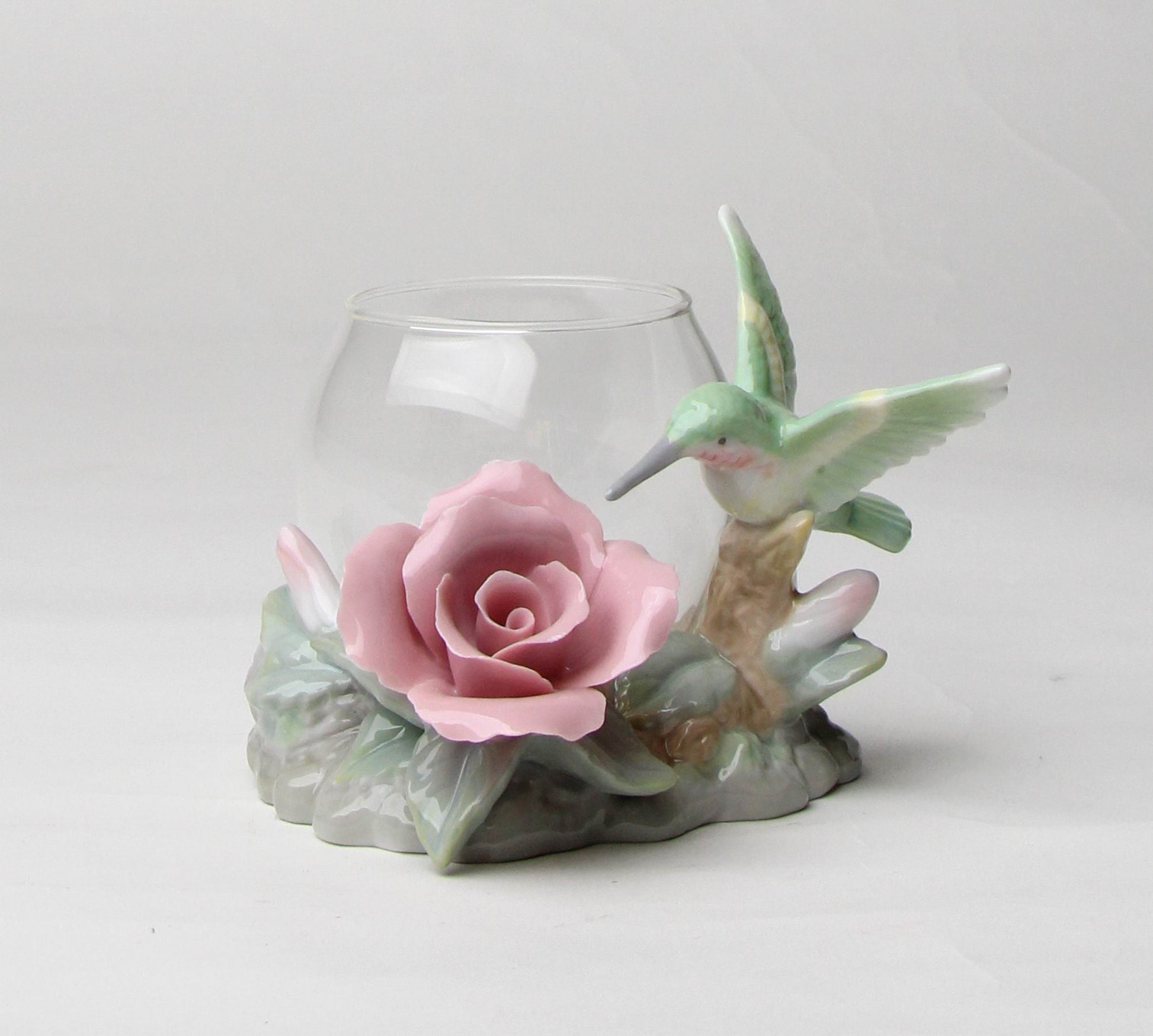 Ceramic Hummingbird with Rose Flower and Glass Cup Candle Holder Home Décor Gift for Her Gift for Mom Birdwatcher Gift