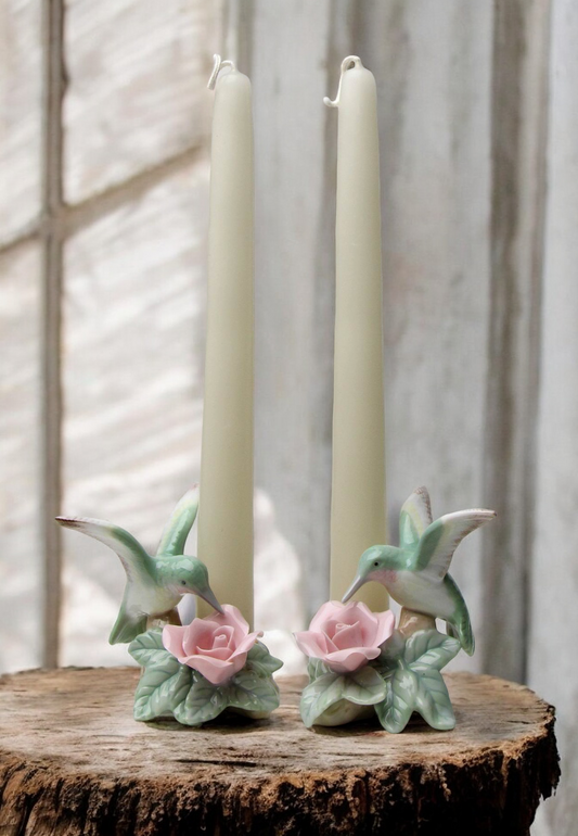 Ceramic Hummingbird with Rose Flower Candle Holder - Set of 2 Bird Watcher Gift Vintage Decor Gift for Her Gift for Mom