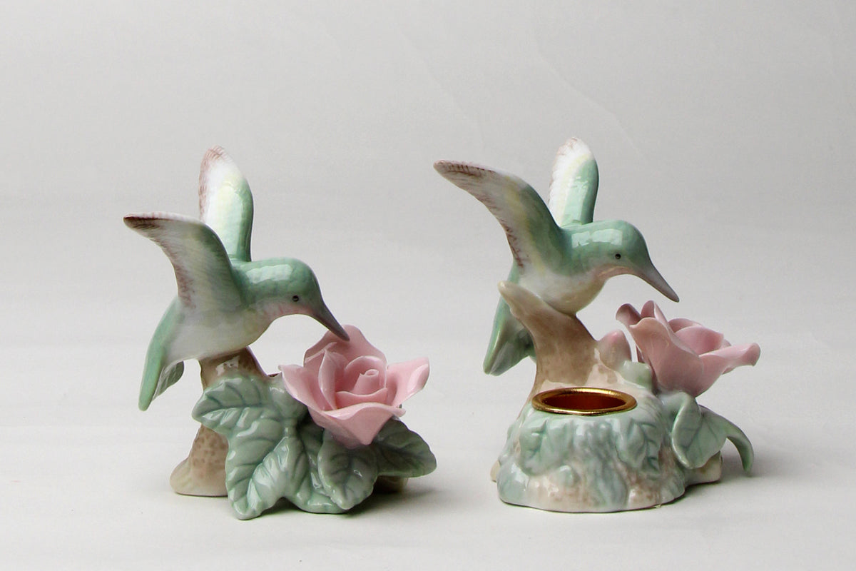 Ceramic Hummingbird with Rose Flower Candle Holder - Set of 2 Bird Watcher Gift Vintage Decor Gift for Her Gift for Mom