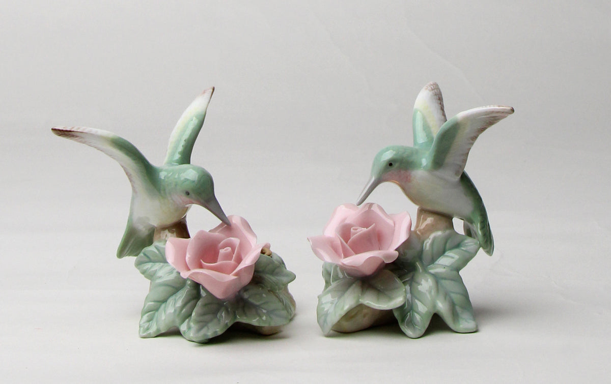 Ceramic Hummingbird with Rose Flower Candle Holder - Set of 2 Bird Watcher Gift Vintage Decor Gift for Her Gift for Mom