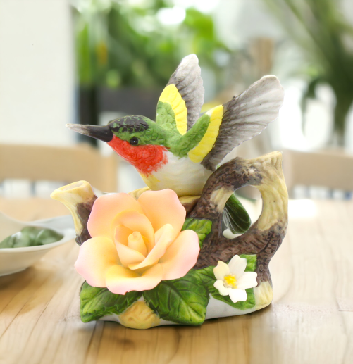 Ceramic Hummingbird with Rose Flower Teapot Figurine Home Décor Gift for Her Mom Kitchen Décor Birdwatcher Gift Vintage
