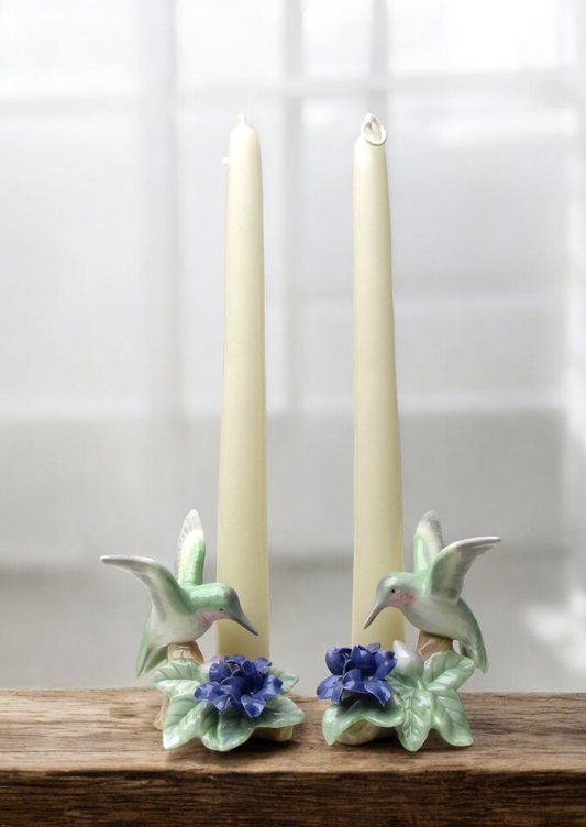 Ceramic Hummingbird with Violet Flower Candle Holder - Set of 2 Bird Watcher Gift Garden Decor Gift for Her Gift