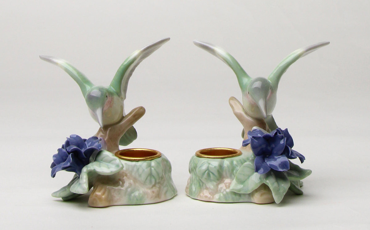 Ceramic Hummingbird with Violet Flower Candle Holder - Set of 2 Bird Watcher Gift Garden Decor Gift for Her Gift