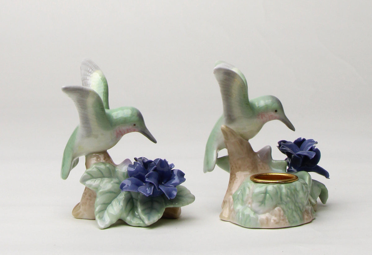 Ceramic Hummingbird with Violet Flower Candle Holder - Set of 2 Bird Watcher Gift Garden Decor Gift for Her Gift
