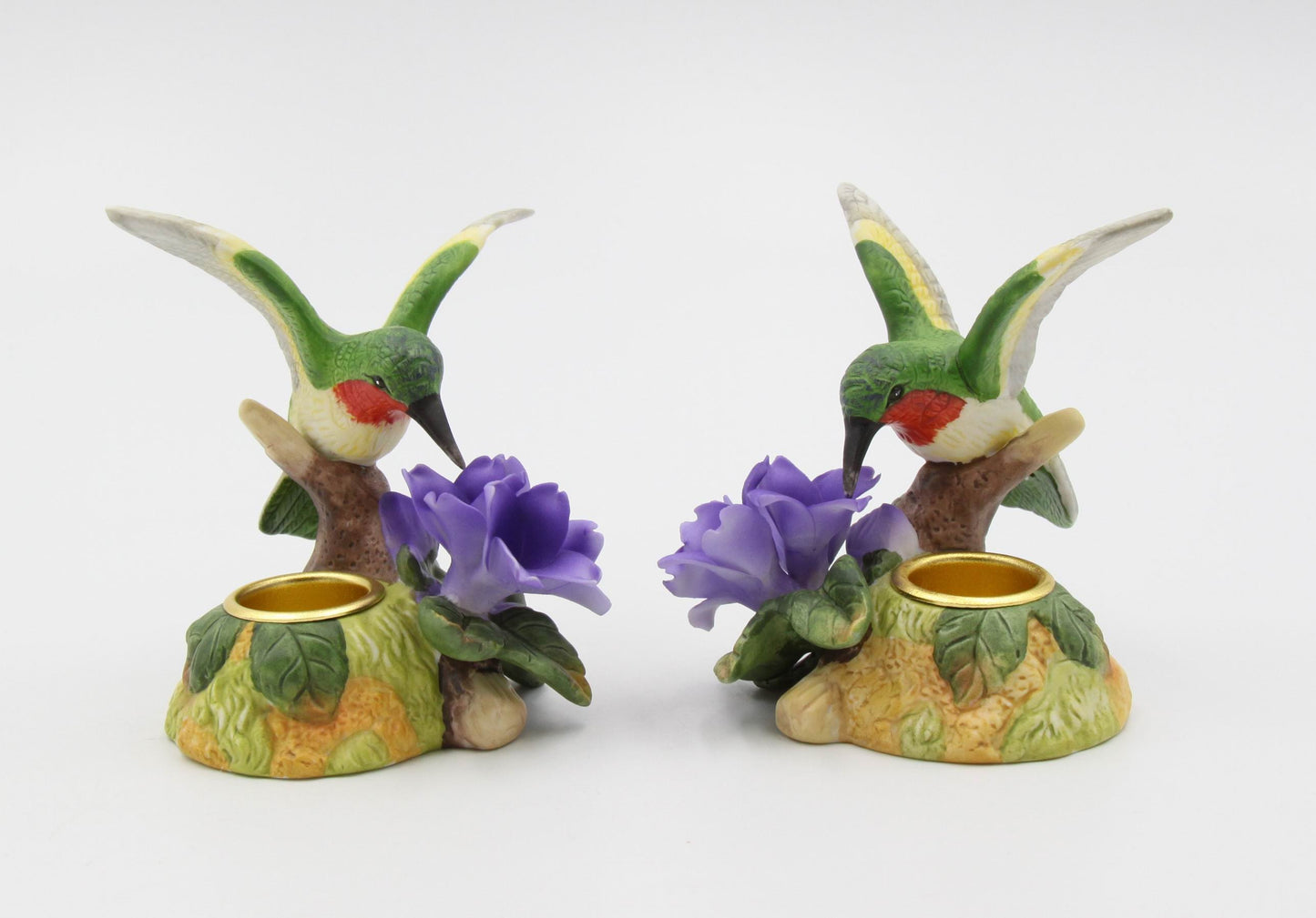 Ceramic Hummingbird with Violet Flower Candleholders - Set of 2 Bird Watcher Gift Garden Decor Vintage Decor Gift