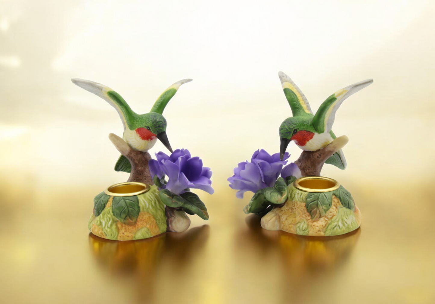 Ceramic Hummingbird with Violet Flower Candleholders - Set of 2 Bird Watcher Gift Garden Decor Vintage Decor Gift