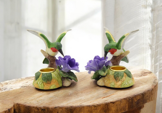 Ceramic Hummingbird with Violet Flower Candleholders - Set of 2 Bird Watcher Gift Garden Decor Vintage Decor Gift