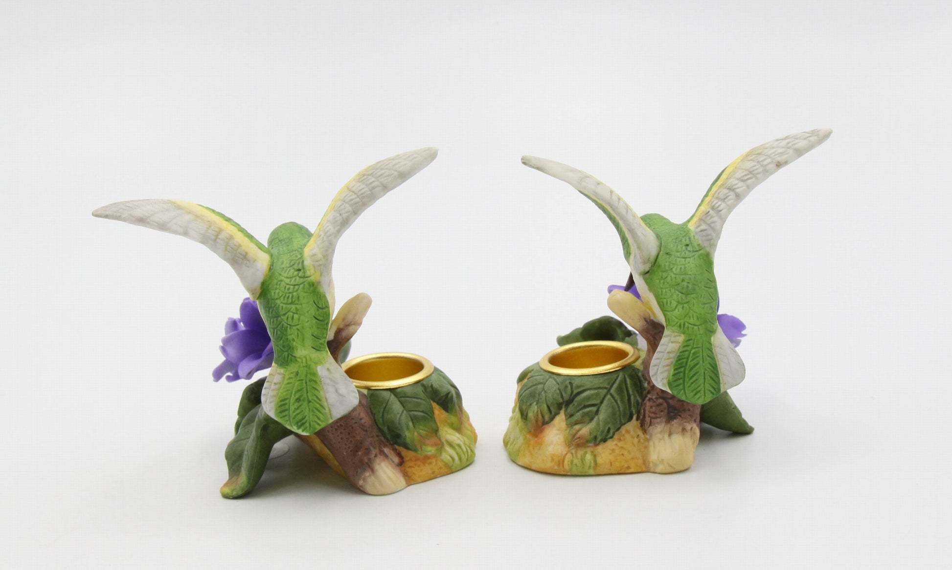 Ceramic Hummingbird with Violet Flower Candleholders - Set of 2 Bird Watcher Gift Garden Decor Vintage Decor Gift