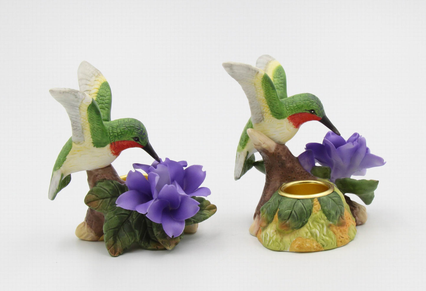 Ceramic Hummingbird with Violet Flower Candleholders - Set of 2 Bird Watcher Gift Garden Decor Vintage Decor Gift