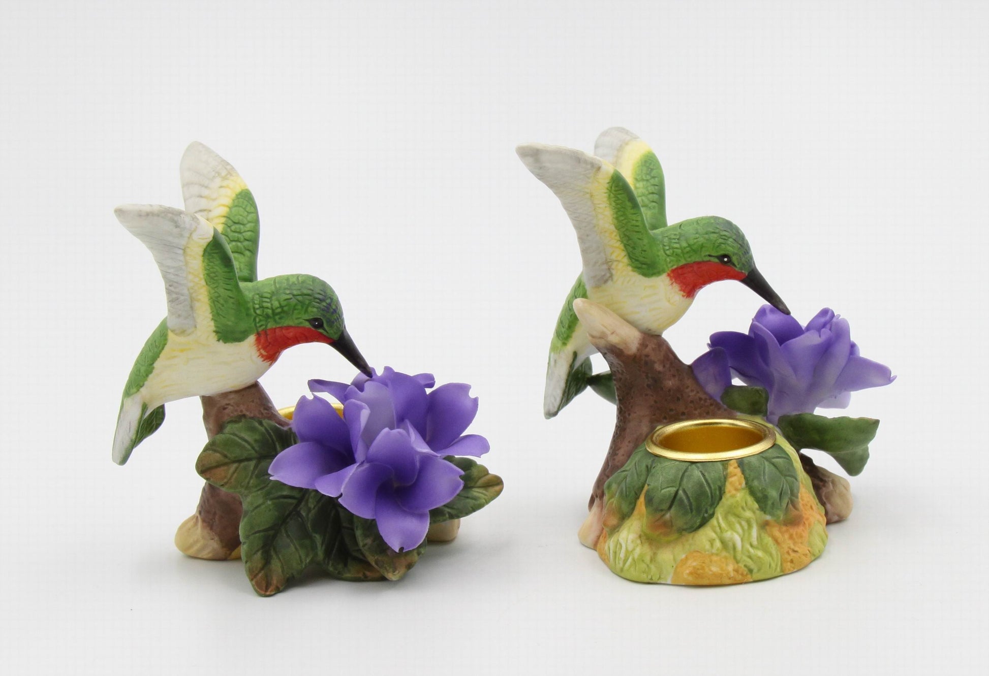 Ceramic Hummingbird with Violet Flower Candleholders - Set of 2 Bird Watcher Gift Garden Decor Vintage Decor Gift