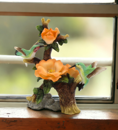 Ceramic Hummingbirds with Orange Rose Flower Figurine Home Décor Gift for Her Mom Kitchen Décor Birdwatcher Gift