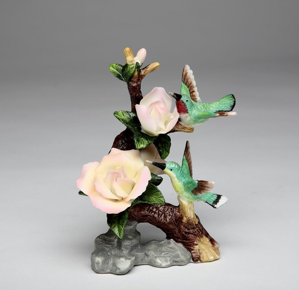 Ceramic Hummingbirds with Rose Flower Figurine Gift for Birdwatcher Gift for Her Gift for Mom Home Decor - Figurine