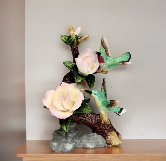 Ceramic Hummingbirds with Rose Flower Figurine Gift for Birdwatcher Gift for Her Gift for Mom Home Decor - Figurine