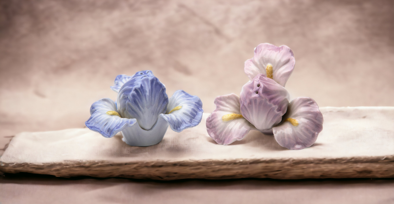 Ceramic Iris Lilac Flower Salt & Pepper Shakers Home Décor Gift for Her Gift for Mom Kitchen Décor Wedding Decor - Salt