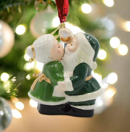 Ceramic Irish Green Kissing Santa Couple Ornament Home Décor Gift for Her Gift for Mom Kitchen Décor Christmas Décor