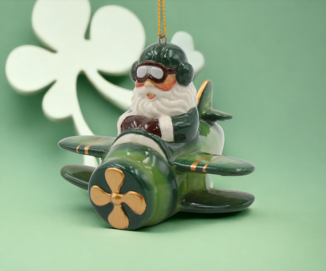 Ceramic Irish Santa Flying Airplane Ornament Gift for Her Gift for Pilot Irish Saint Patrick’s Day Décor Christmas