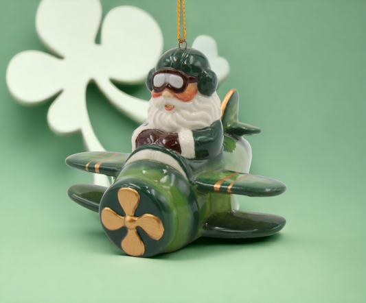 Ceramic Irish Santa Flying Airplane Ornament Gift for Her Gift for Pilot Irish Saint Patrick’s Day Décor Christmas