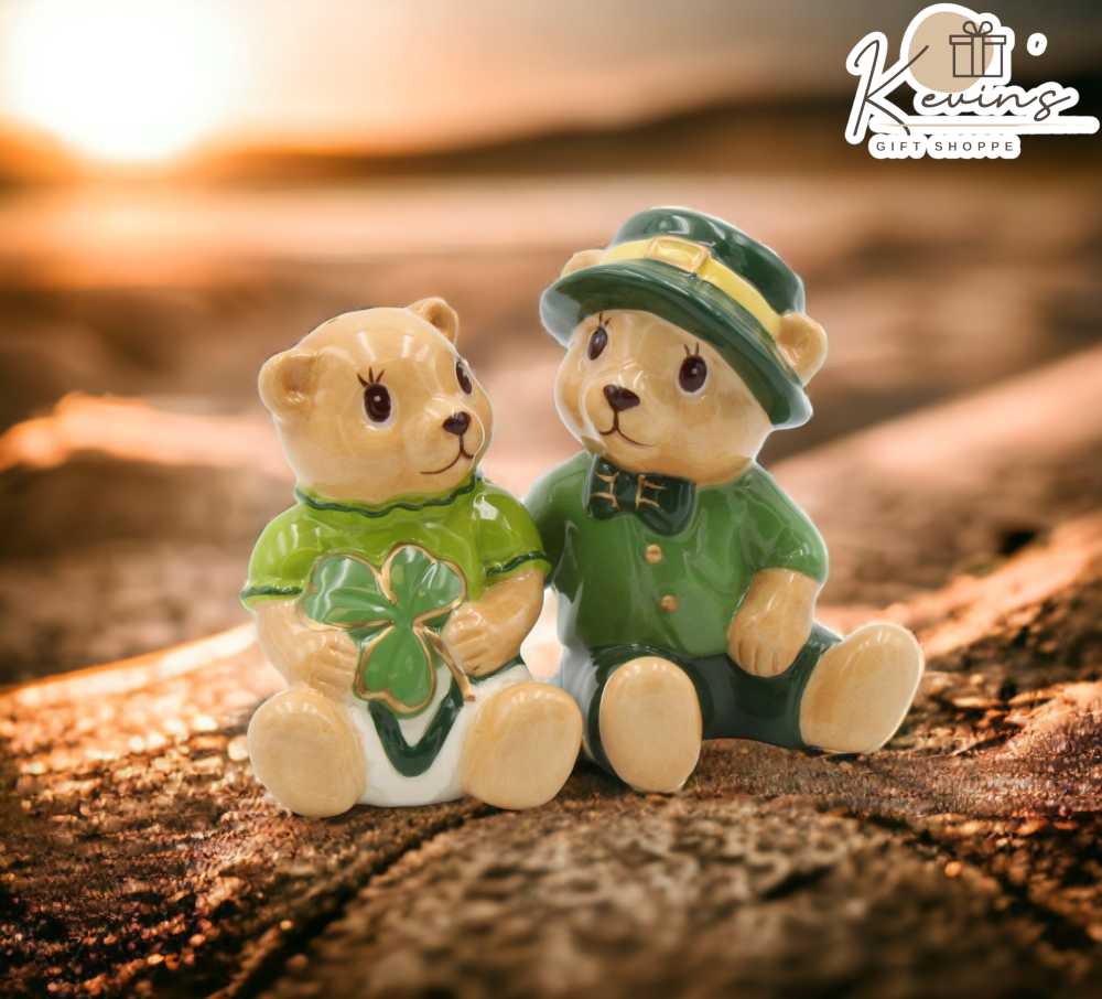 Ceramic Irish Teddy Bear Couple with Shamrock Salt and Pepper Gift for Her Gift for Mom Kitchen Décor Irish Saint