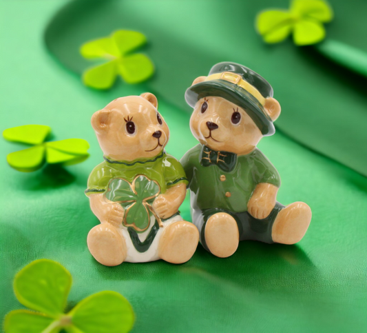 Ceramic Irish Teddy Bear Couple with Shamrock Salt and Pepper Gift for Her Gift for Mom Kitchen Décor Irish Saint