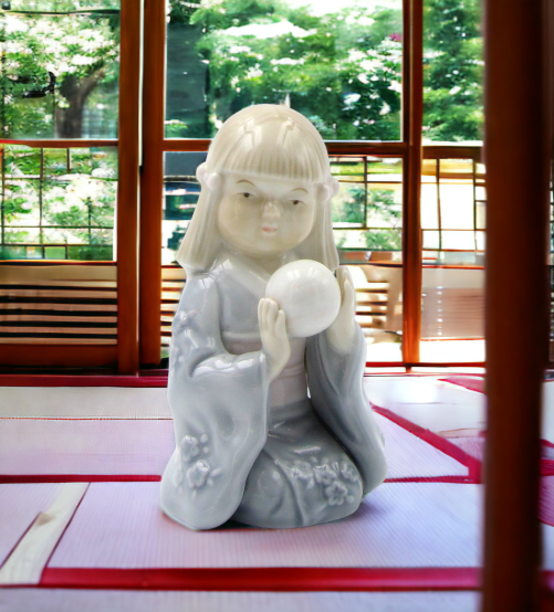 Ceramic Japanese Girl in Kimono Dress Playing with Temari Ball Figurine Gift for Her Gift for Daughter Home Decor Asian