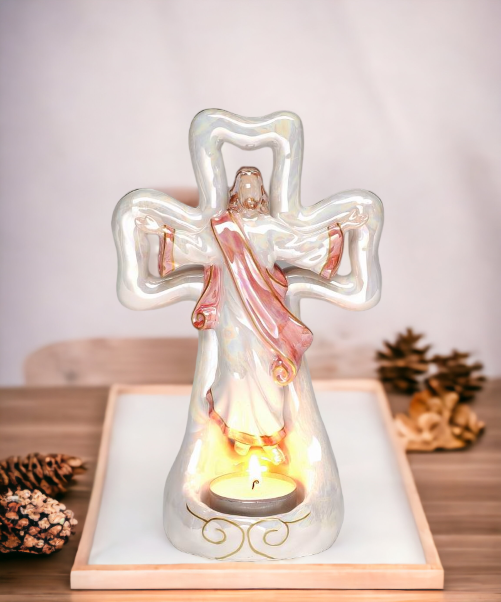 Ceramic Jesus with Cross Tealight Candle Holder Religious Décor Religious Gift Church Décor Church Gift Baptism Gift