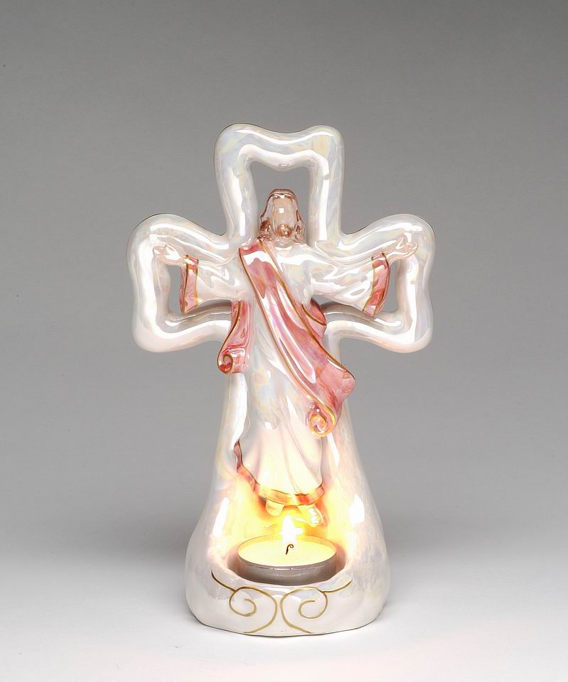 Ceramic Jesus with Cross Tealight Candle Holder Religious Décor Religious Gift Church Décor Church Gift Baptism Gift