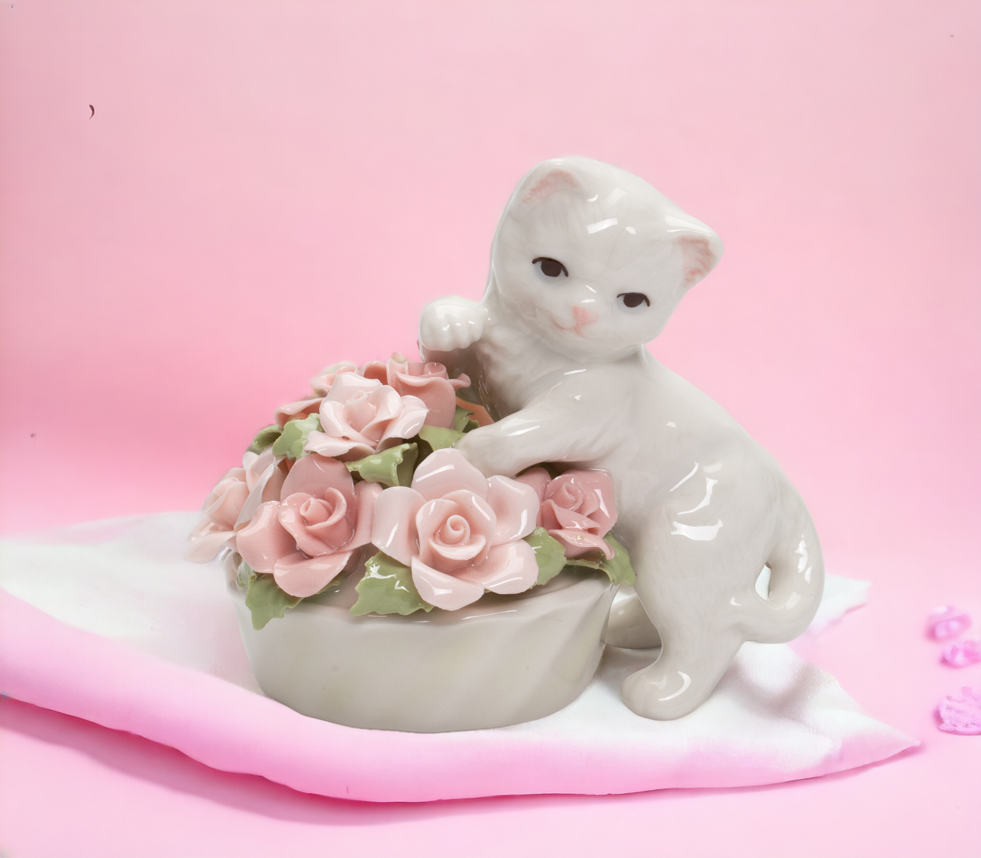 Ceramic Kitten With Flowers Pot Figurine Home Décor Gift for Her Gift for Mom Spring Décor Cat Lover Gift - Figurines