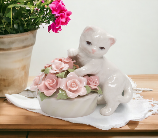 Ceramic Kitten With Flowers Pot Figurine Home Décor Gift for Her Gift for Mom Spring Décor Cat Lover Gift - Figurines