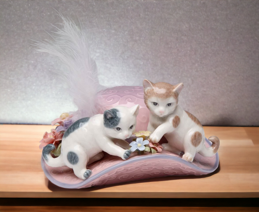 Ceramic Kittens Playing on Hat with Flowers Music Box Home Décor Gift for Her Gift for Mom Kitchen Décor Cat Lovers