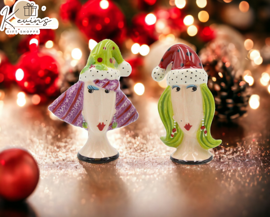 Ceramic Ladies Christmas Party Salt and Pepper Shakers Home Décor Gift for Her Gift for Mom Kitchen Décor Christmas