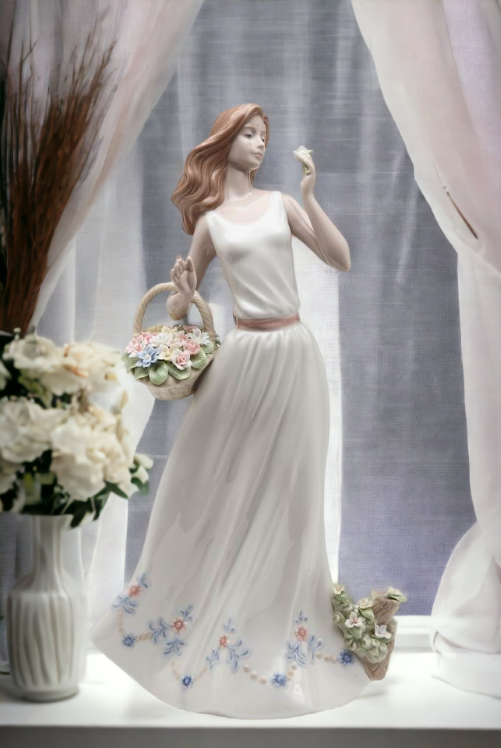 Ceramic Lady Holding Flower Basket Figurine Home Décor Gift for Her Gift for Mom Nature Lover Gift - Figurine